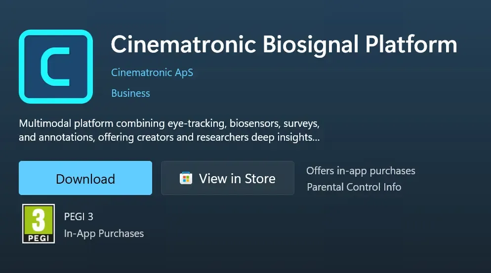 Cinematronic Biosignal Platform view of the Microsoft Store download page