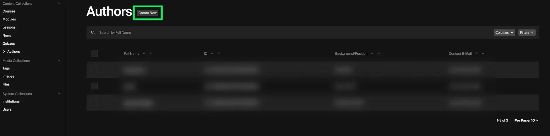 Admin panel view of the Authors collection in KreaTech CMS. The dark sidebar menu lists Content, Media, and System collections such as Courses, Modules, Lessons, News, Quizzes, Tags, Images, Files, and Users. The main content area displays a table of authors with columns for Full Name, ID, Background/Position, and Contact Email. A green-highlighted ‘Create New’ button is visible in the top-right corner, indicating how to add a new Author