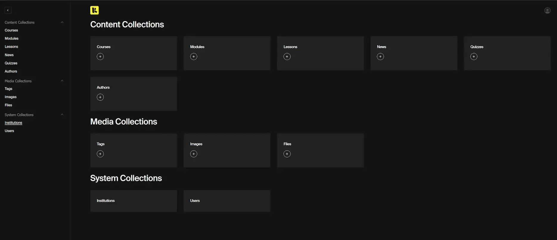 Screenshot of the KreaTech Admin Panel showing the default dashboard. Collections are grouped into three categories: Content Collections (Courses, Modules, Lessons, News, Quizzes, Authors), Media Collections (Tags, Images, Files), and System Collections (Institutions, Users). A sidebar on the left lists the same collections for navigation.