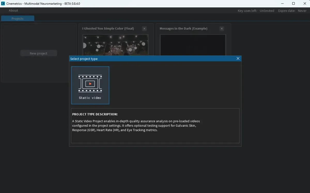 Screenshot from Cinematronic Biosignal Platform showing the window for creating a project.