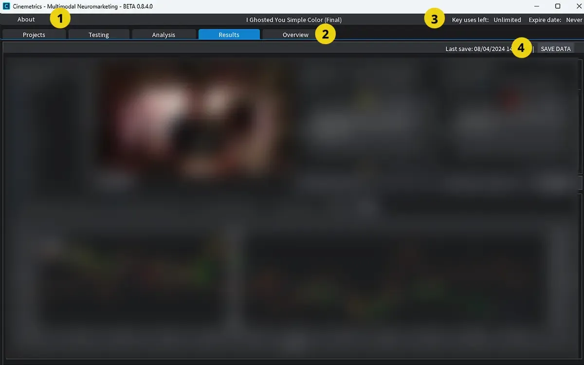 Understanding the Biosignal Platform main software ui with guided numbers.