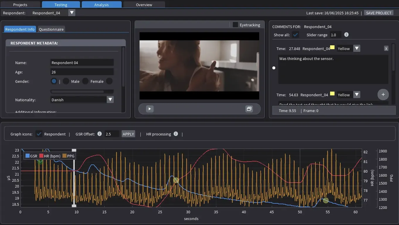 Screenshot of the Cinematronic Biosignal Platform’s Analysis tab showing a single respondent’s data. The interface displays respondent metadata, synchronized video playback, a comments panel with time-coded notes, and a signal graph with three traces: blue for Galvanic Skin Response (GSR), red for heart rate (HR), and yellow for the raw photoplethysmography (PPG) signal. The graph illustrates physiological changes during a film scene, with visible peaks and annotations marking moments of audience reaction.