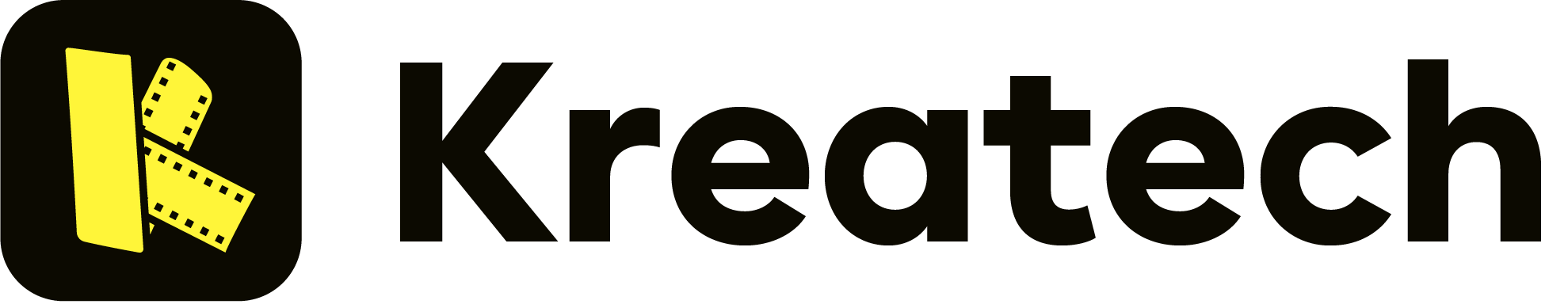 Logotype and logomar of KreaTech, black text, yellow icon.