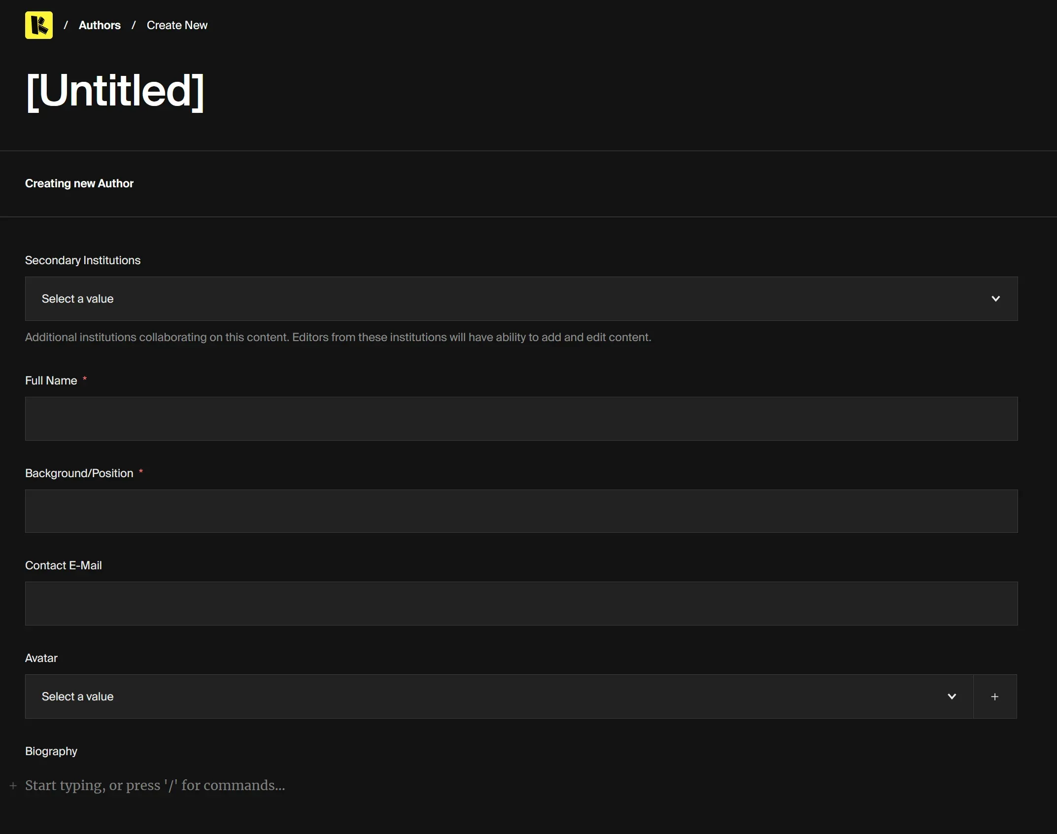 KreaTech CMS admin panel showing the form to create a new Author. Fields include Secondary Institutions, Full Name, Background/Position, Contact E-Mail, Avatar, and Biography, with a yellow Save button in the corner.