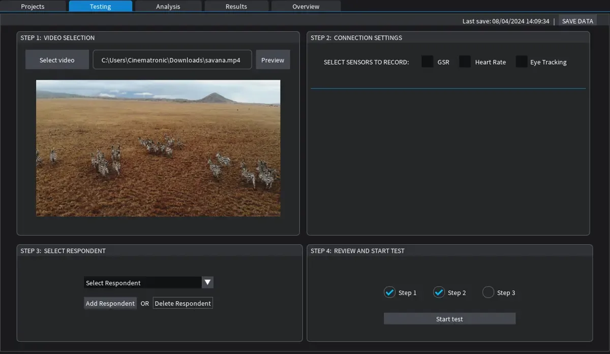 View fo the Testing Environment in the Cinematronic Biosignal Platform showing the 4 steps for conducting a test: video selection, sensor and data collection selection, respondent selection, and start button.