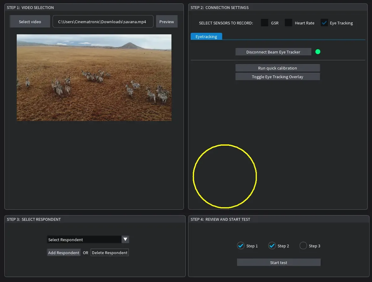 Software interface for biometric sensor connection settings with Eye Tracking selected. Tabs include 'Bluetooth (GSR, PPG)' and 'Eyetracking,' with the Eyetracking tab active. The panel indicates configuration options for enabling eye tracking alongside other sensors